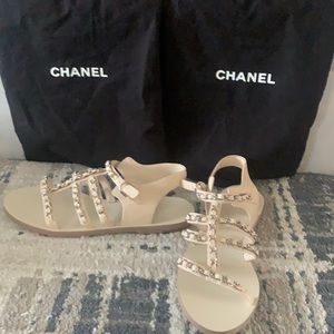 Chanel Sandals 39.5 cream white slides flats 8.5 sling back brand new never worn